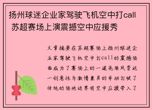 扬州球迷企业家驾驶飞机空中打call 苏超赛场上演震撼空中应援秀