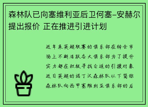 森林队已向塞维利亚后卫何塞-安赫尔提出报价 正在推进引进计划