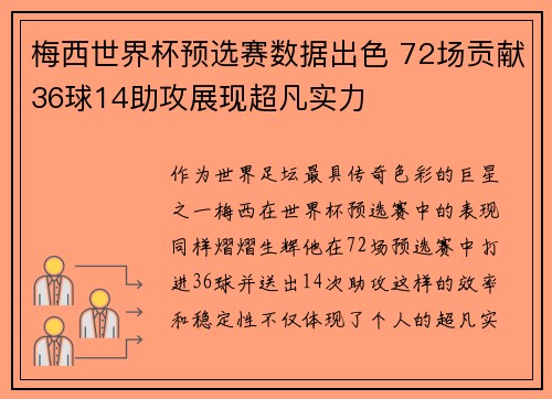 梅西世界杯预选赛数据出色 72场贡献36球14助攻展现超凡实力