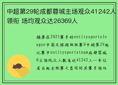 中超第29轮成都蓉城主场观众41242人领衔 场均观众达26369人